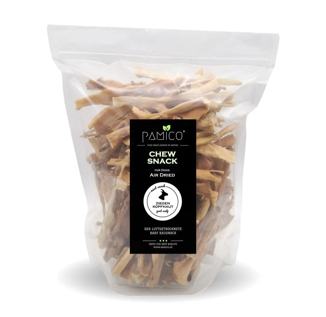 Pele de cabeça de cabra mastigável seca ao ar para cães - embalagem de 600g